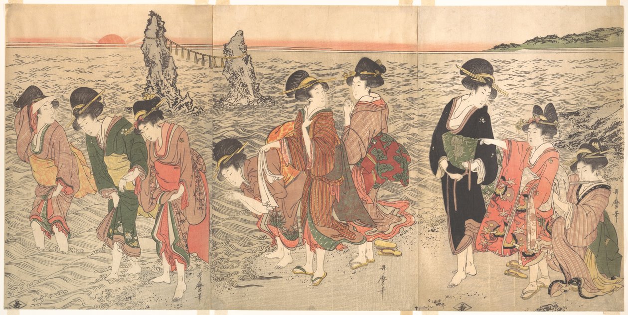 Ženy uctívající vycházející slunce mezi dvojitými skalami v Ise od Kitagawa Utamaro