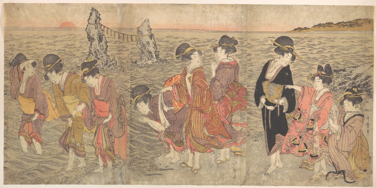 Ženy uctívající vycházející slunce mezi dvojitými skalami v Ise od Kitagawa Utamaro