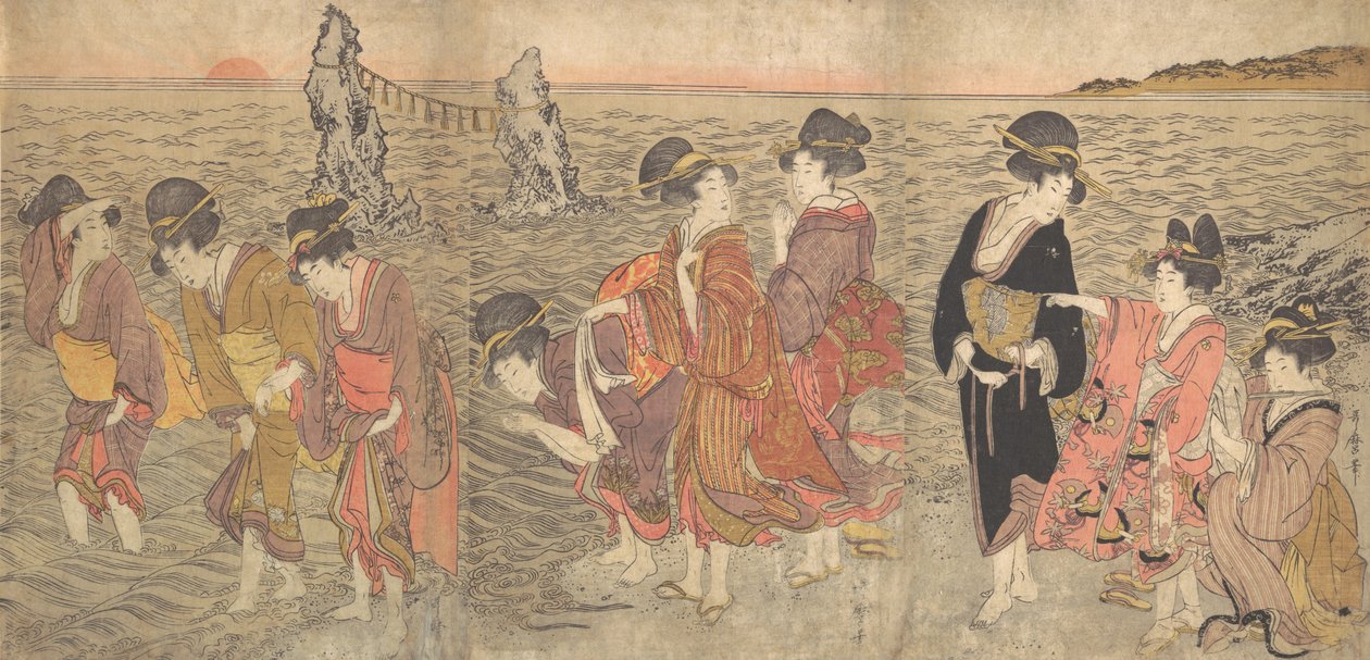 Ženy uctívající vycházející slunce mezi Twin Rocks v Ise, konec 18.-začátek 19. století. od Kitagawa Utamaro