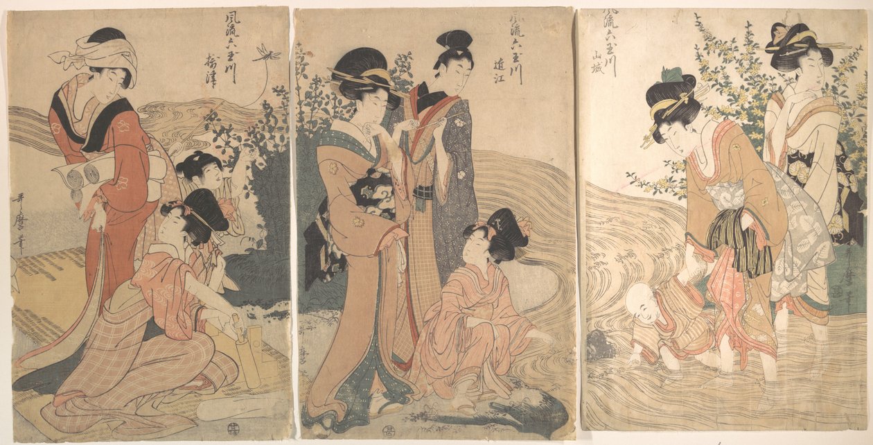 Ženy a děti na březích potoka od Kitagawa Utamaro