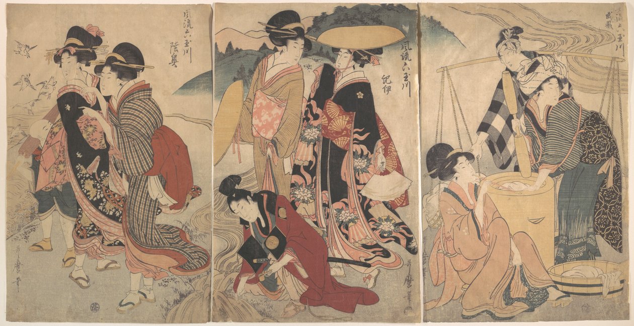 Ženy a muž na venkově; nějaký průvod(?) od Kitagawa Utamaro