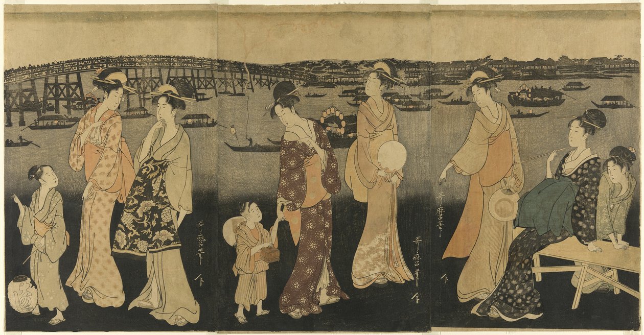 Ženy sledující ohňostroje u řeky Sumida od Kitagawa Utamaro