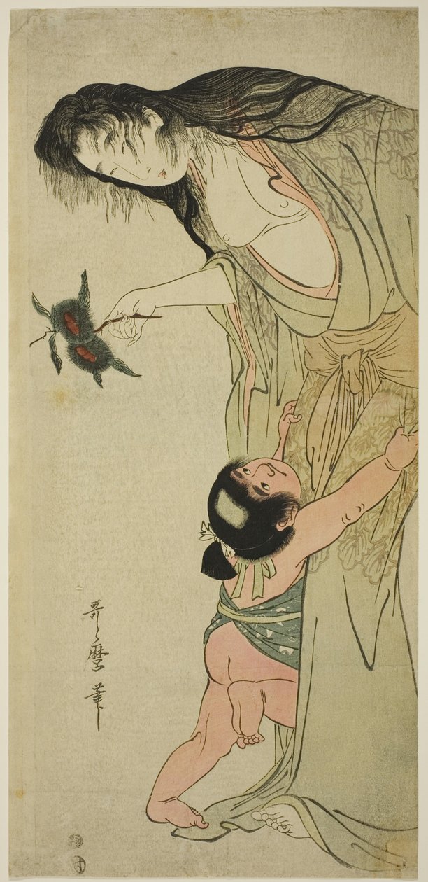 Yamauba drží kaštany, zatímco Kintaro na ně sáhne od Kitagawa Utamaro