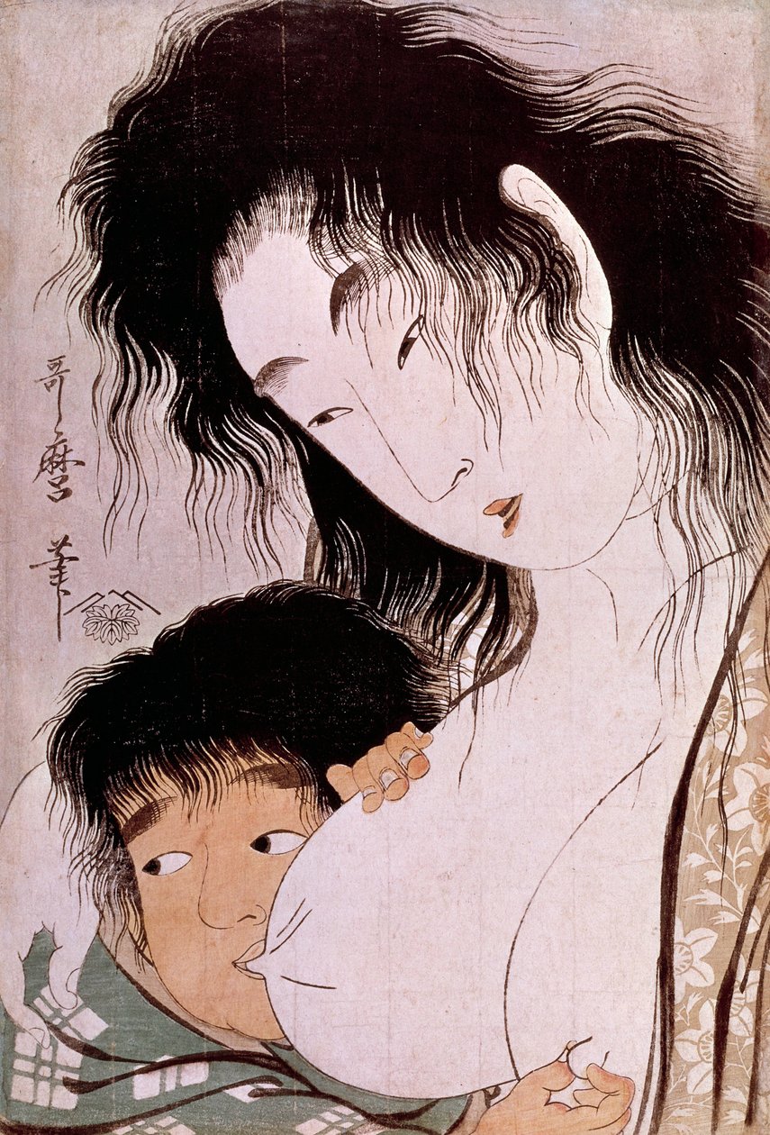 Yamauba a Kintaro: tetee japonský tisk Utamaro Kitagawa (1753-1806). Slunce. 0,37x0,25 m. 1801-1803. Paříž, Guimetovo muzeum, Národní muzeum asijského umění od Kitagawa Utamaro