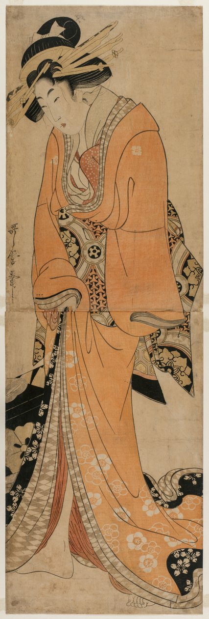 Gejša stojící vedle případu Shamisen od Kitagawa Utamaro II