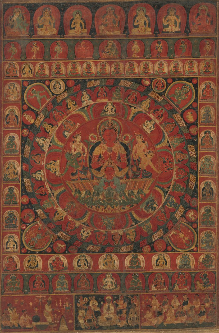 Mandala boha Slunce Surya obklopená osmi planetárními božstvy, pravděpodobně z roku 1379. od Kitaharasa