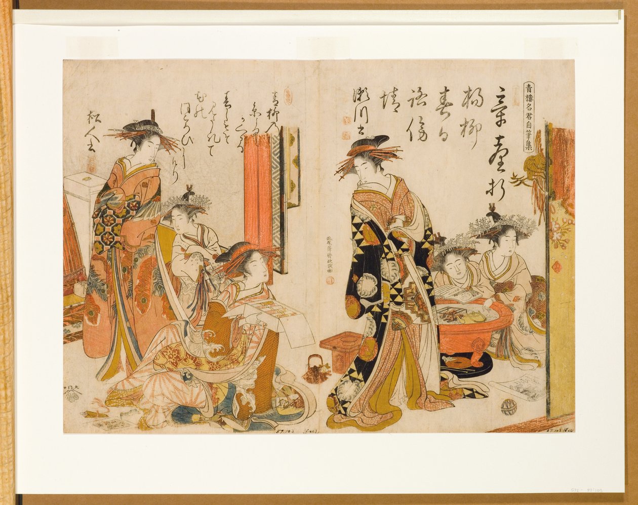 Kaligrafie slavných kurtizán z Pleasure Quarter, 1784 (woodblock) od Kitao Masanobu