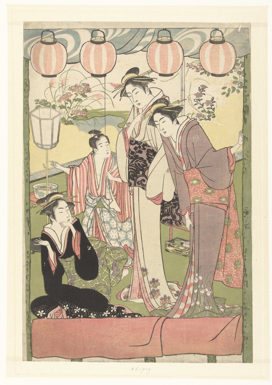Tři ženy a chlapec pod lucernami od Kitao Masanobu (attributed to)