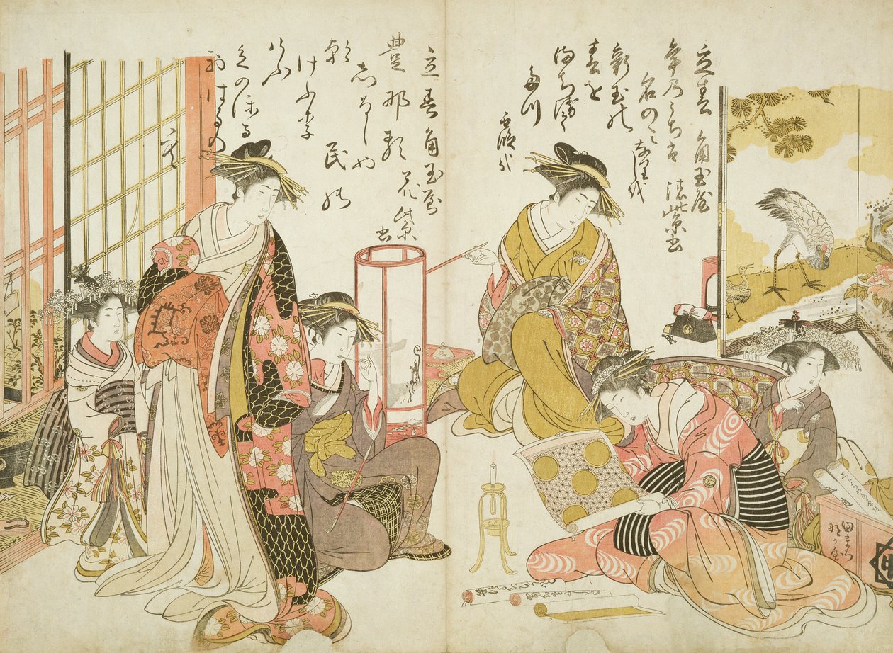 Komurasaki a Hanamurasaki z domu Kado Tamaya, ze „Samples of Calligraphy“, 1783-84 (dřevotisk) od Kitao Masanobu
