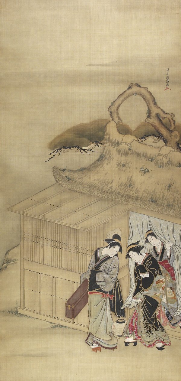 Nikuhitsu ukiyo-e: Gejša na cestě k nočnímu úkolu, c. 1784 od Kitao Masanobu