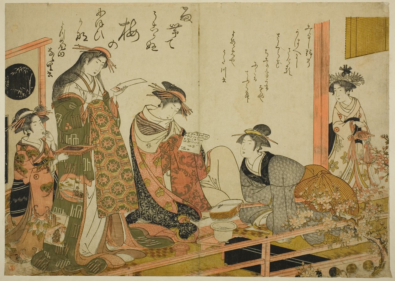Kurtizány Utagawa a Nanasato z Yotsumeya, z alba „Porovnání nových krás Yoshiwara – zrcadlo jejich vlastních spisů (Keisei shin bijin awase jikihitsu kagami)“ od Kitao Masanobu