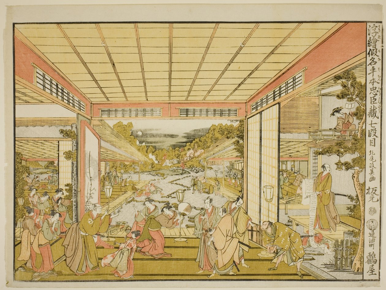 Akt VII (Shichidanme), ze série "Perspektivní obrázky skladiště loajálních zadržovatelů (Uki-e kanadehon Chushingura)" od Kitao Masayoshi