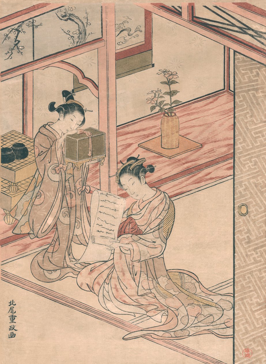 Kurtizána a Young Attendant in a Parlor od Kitao Shigemasa od Kitao Shigemasa