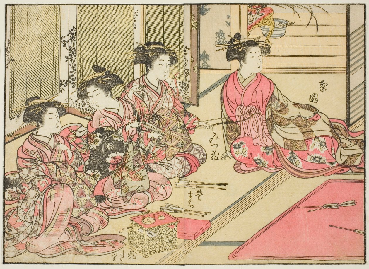Kurtizány z Kiriye, z knihy „Zrcadlo krásných žen z požitkářských čtvrtí (Seiro bijin awase sugata kagami), sv. 2 od Kitao Shigemasa