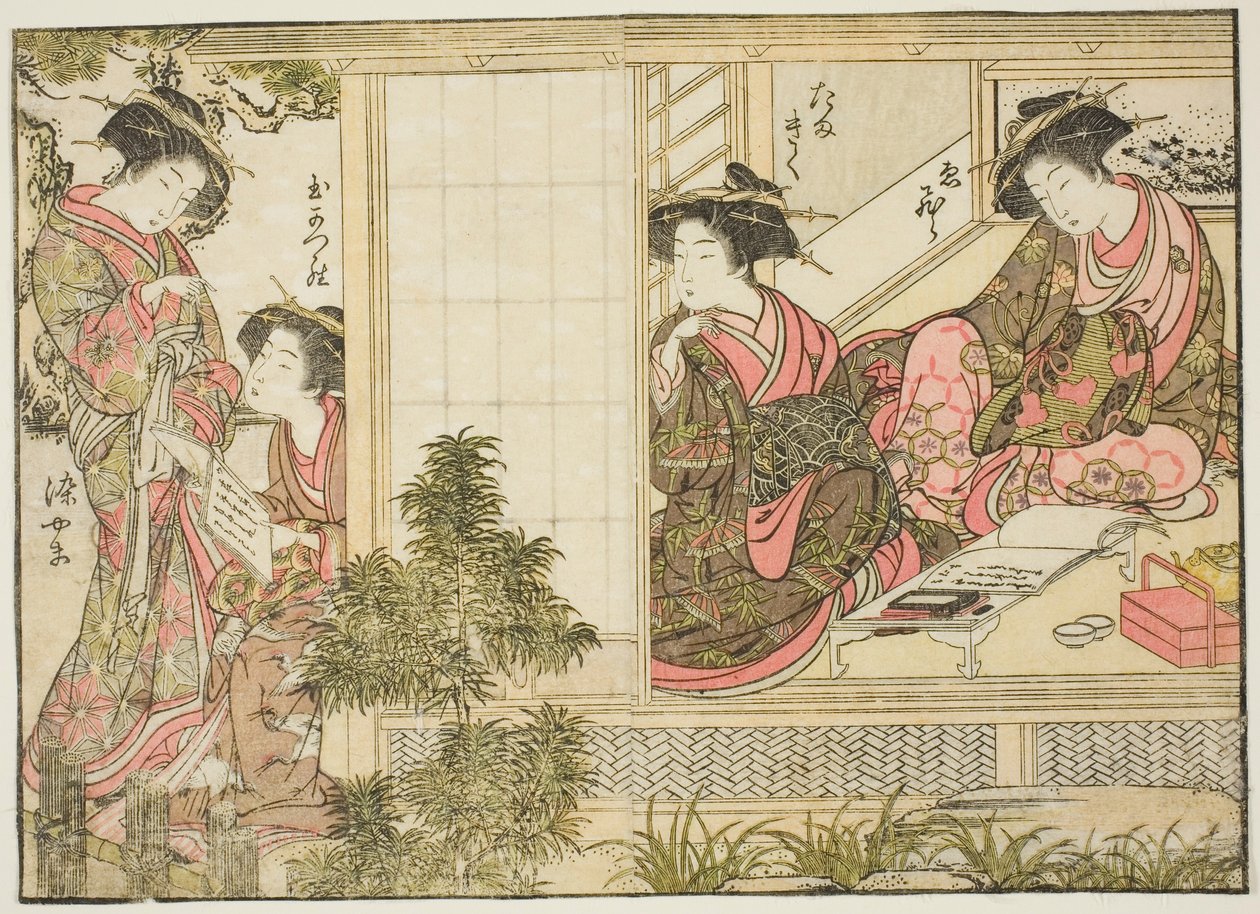 Kurtizány z Oebuji, z knihy „Zrcadlo krásných žen z požitkářských čtvrtí (Seiro bijin awase sugata kagami), sv. 2 od Kitao Shigemasa