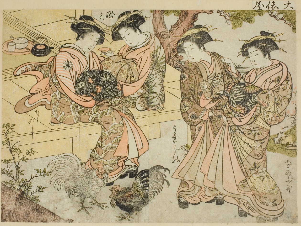 Kurtizány z Ogiya, z knihy „Zrcadlo krásných žen z požitkářských čtvrtí (Seiro bijin awase sugata kagami), sv. 1 od Kitao Shigemasa