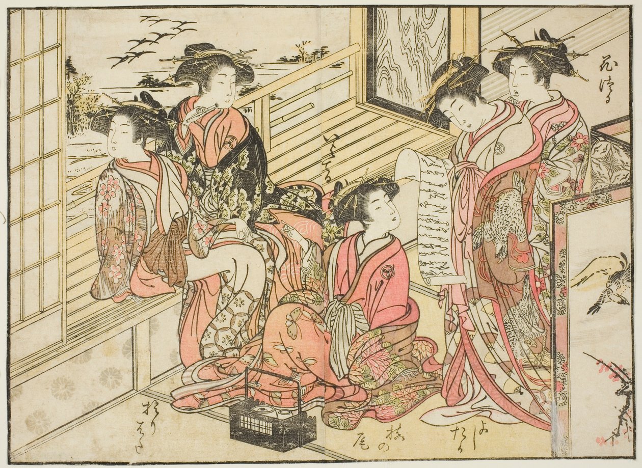 Kurtizány z Okamota, z knihy „Zrcadlo krásných žen z požitkářských čtvrtí (Seiro bijin awase sugata kagami), sv. 2 od Kitao Shigemasa