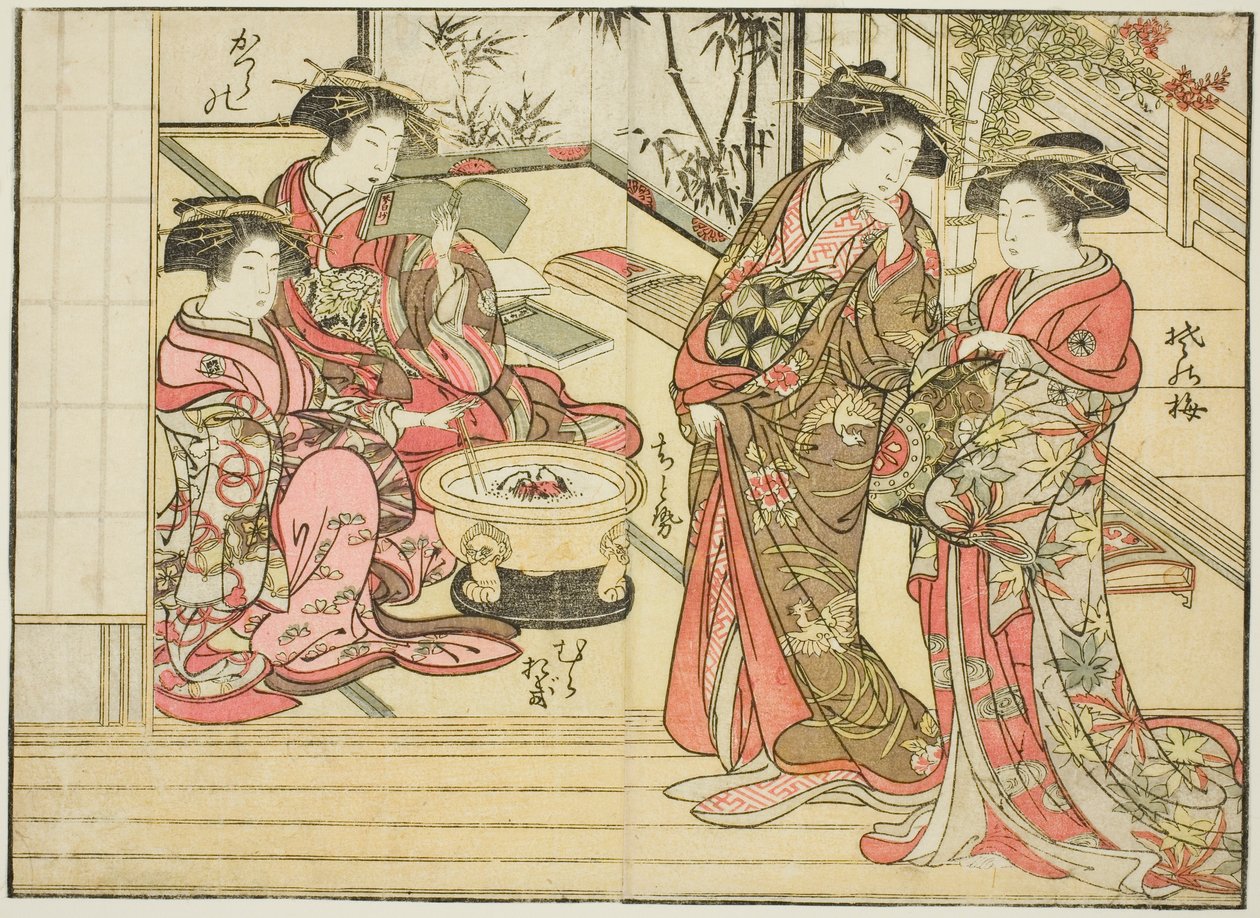 Kurtizány z Otawaraje, z knihy "Zrcadlo krásných žen z požitkářských čtvrtí (Seiro bijin awase sugata kagami)," sv. 2 od Kitao Shigemasa