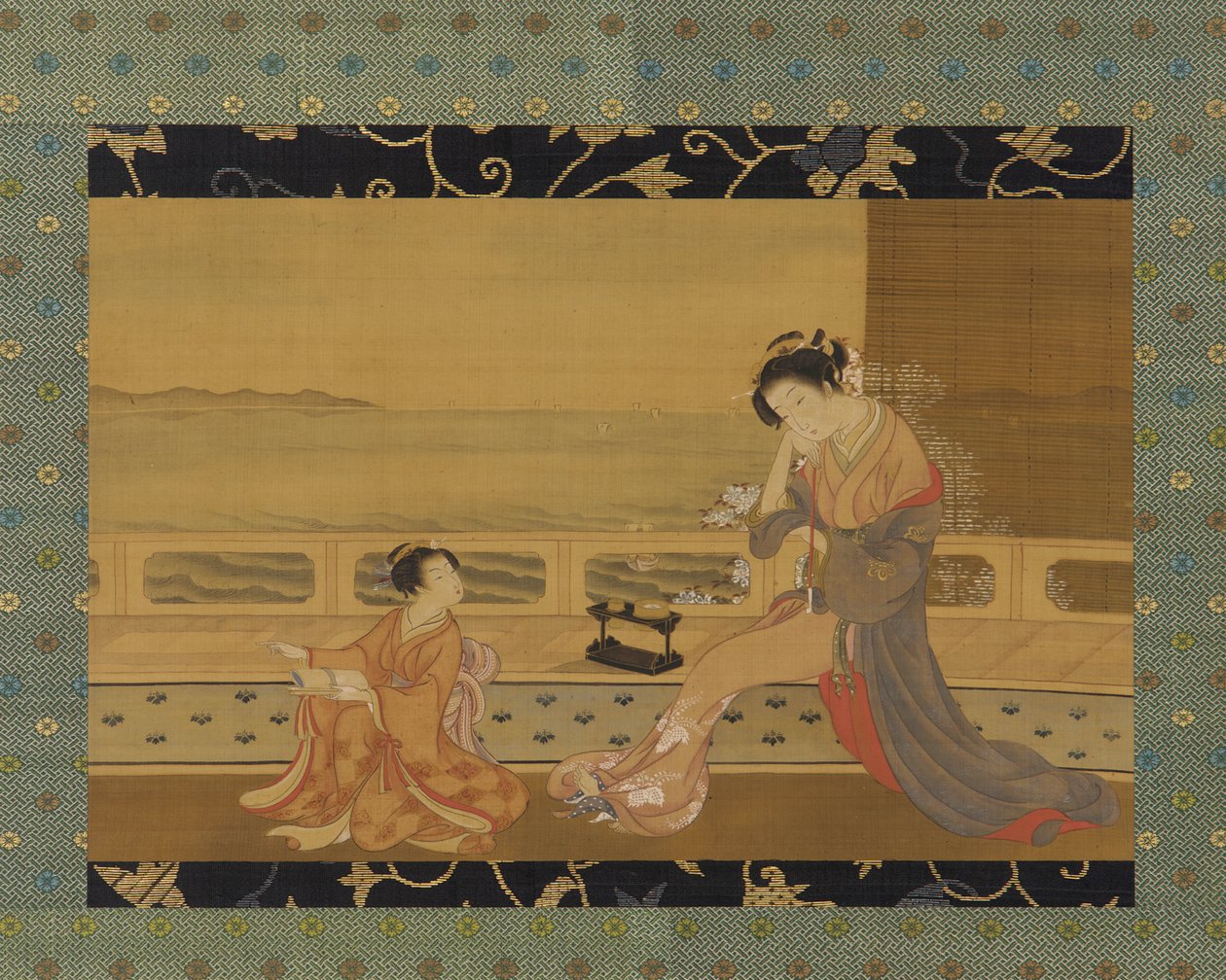 Dvě dívky na balkóně s výhledem na moře, období Edo, 1739-1820. od Kitao Shigemasa