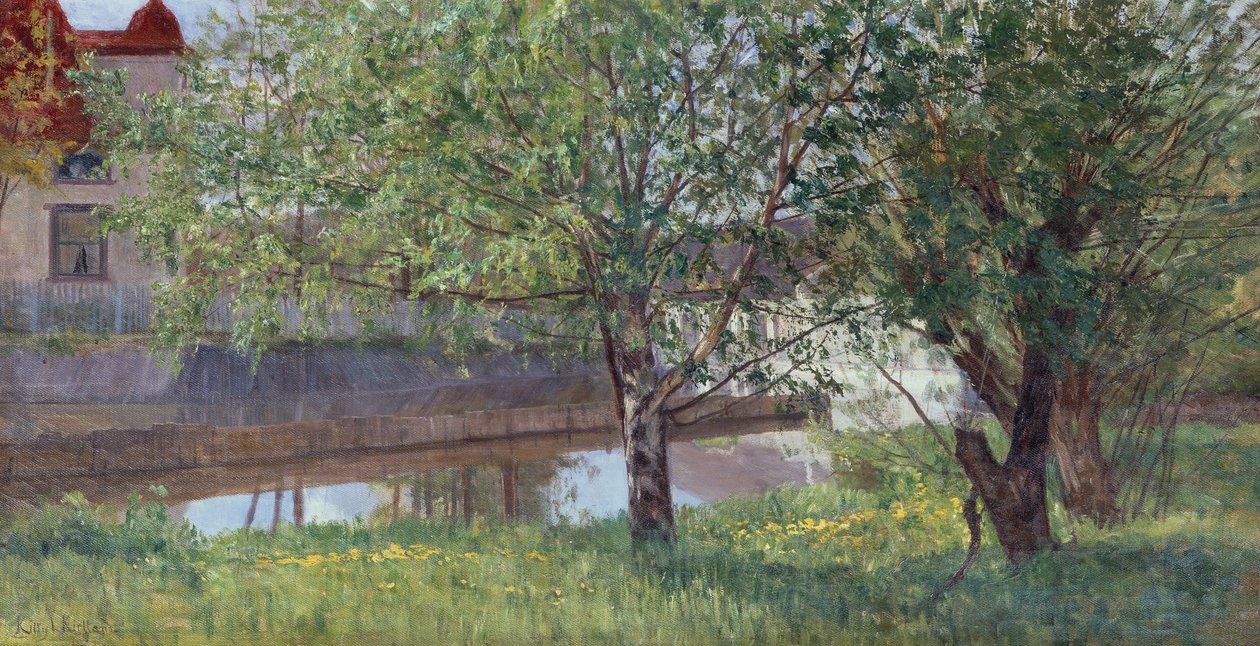 Část kanálu s domem a stromy od Kitty Lange Kielland