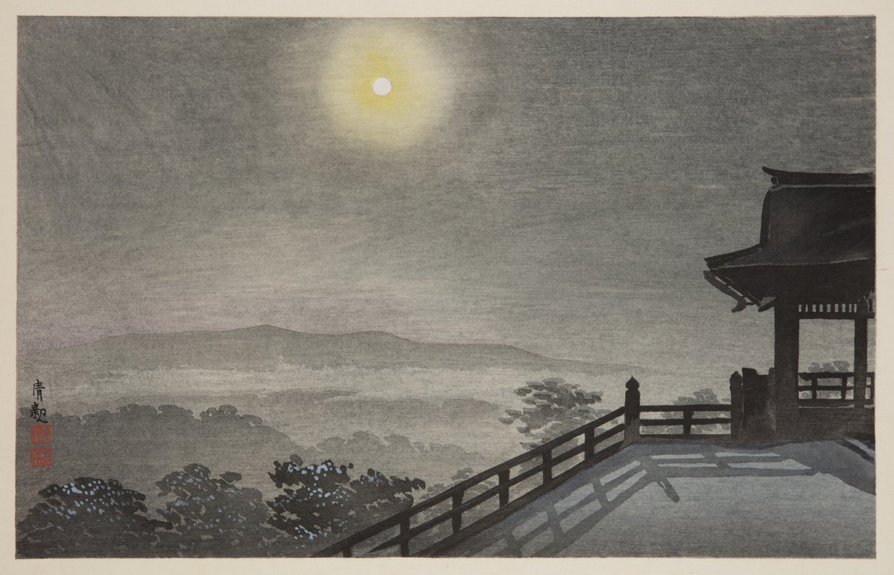 Cool Moon Evening v Kiyomizudo ve východním hlavním městě (T?to Kiyomizud? hiya tsukiyo) (barevný dřevotisk) od Kiyochika Kobayashi