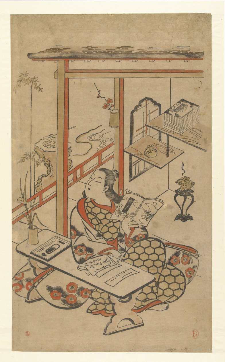 Žena u stolu čte Genjiho vyprávění. od Kiyomasu (I) , Torii (attributed to)