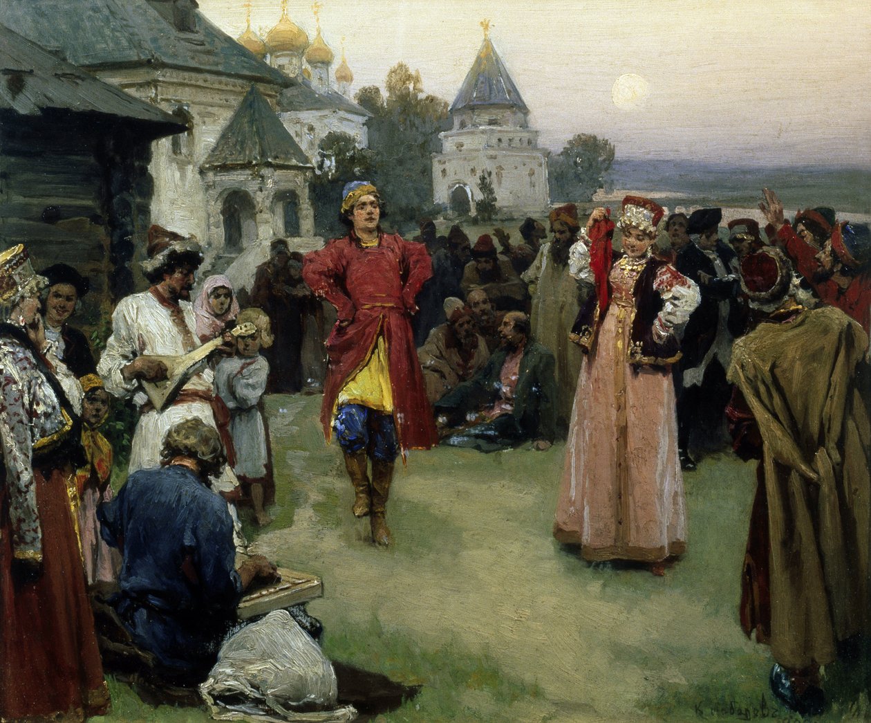 Tanec (pár novomanželů v kroji tančí mezi davem vesničanů za soumraku) (Tanec) - Malba Klavdi Vasiljeviče Lebeděva (1852-1916), olej na kartonu (26x31 cm) od Klavdiy Vasilievich Lebedev