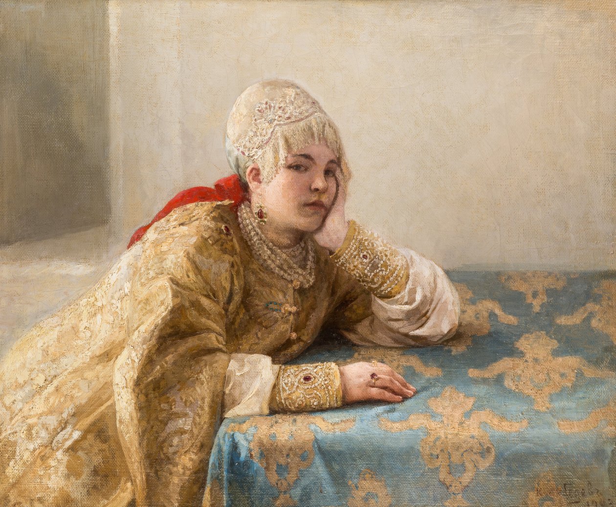 Fille de boyard (boiar) - Boyarova dcera, po Lebeděvě, Klavdi (Klavdy) (1852-1916). Olej na plátně od Klavdiy Vasilievich Lebedev