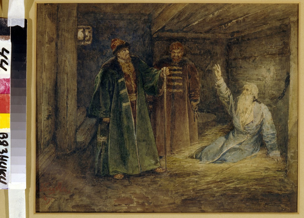 Le car Ivan IV le hrozný (1530-1584) et Maliouta Skouratov (mort en 1573) visitant le Boyard (boiard, boiar) Morozov (?) ve vězení. (Car Ivan IV. Hrozný a Malyuta Skuratov na návštěvě u Boyara Morosova). Peinture de Klavdi Vasiljevič Lebeděv (1852-191 od Klavdiy Vasilievich Lebedev