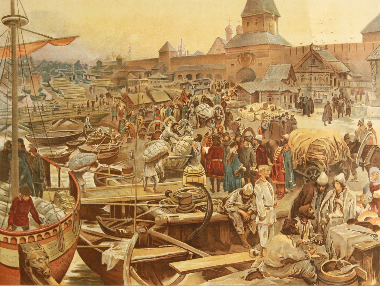 Novgorodský přístav, 1907 od Klavdiy Vasilievich Lebedev