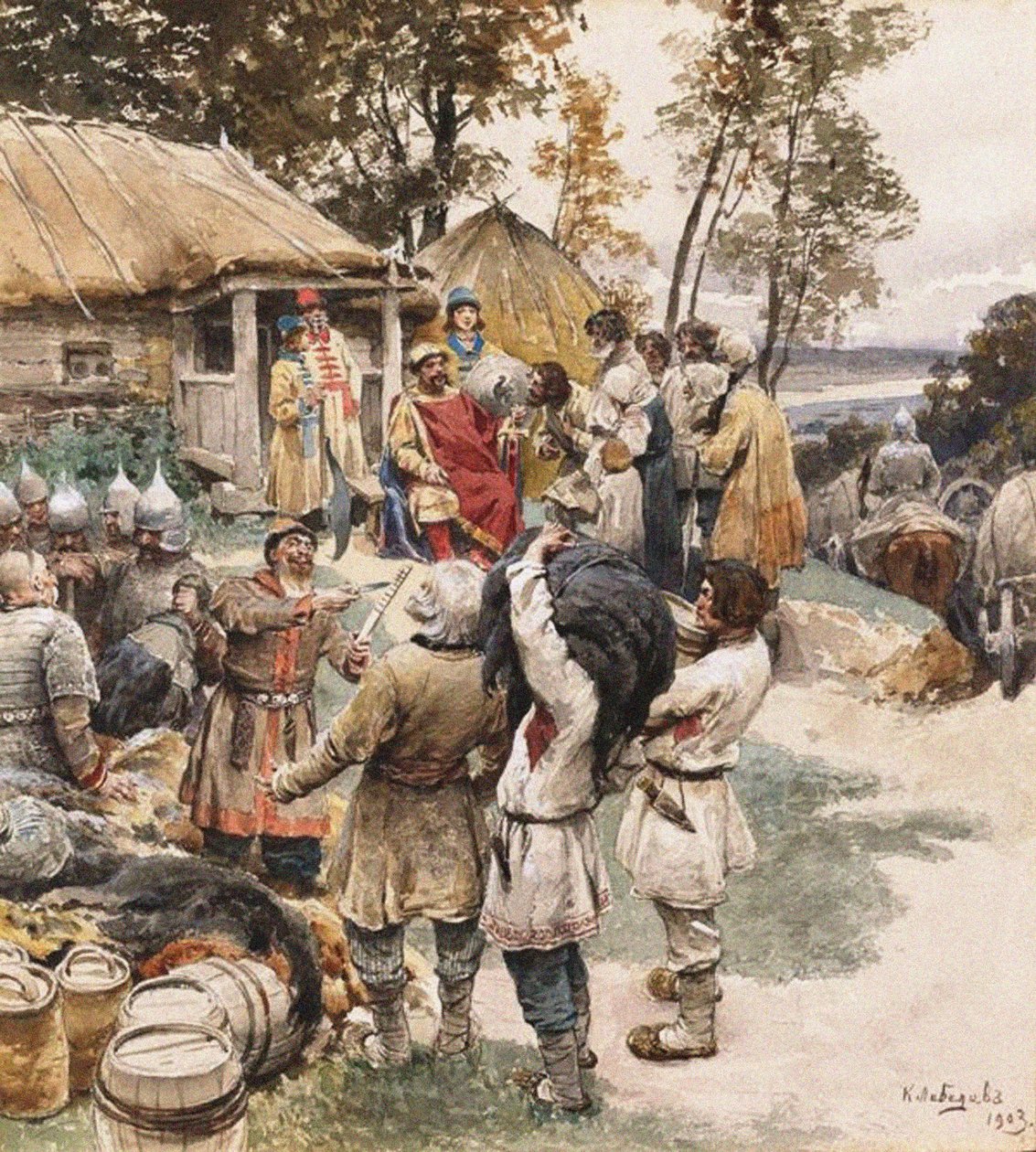 Poliudie Sbíráme hold. Igor z Kyjeva vzdává hold Drevlyanům, 1903 od Klavdiy Vasilievich Lebedev