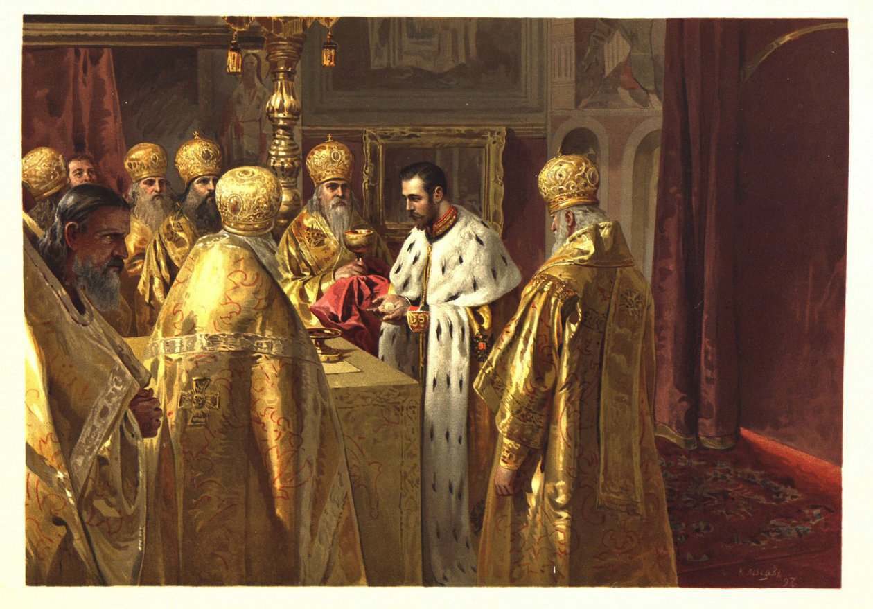 Korunovační slavnost Mikuláše II. Eucharistie par Lebeděv, Klavdi Vasiljevič (1852-1916) od Klavdiy Vasilievich Lebedev