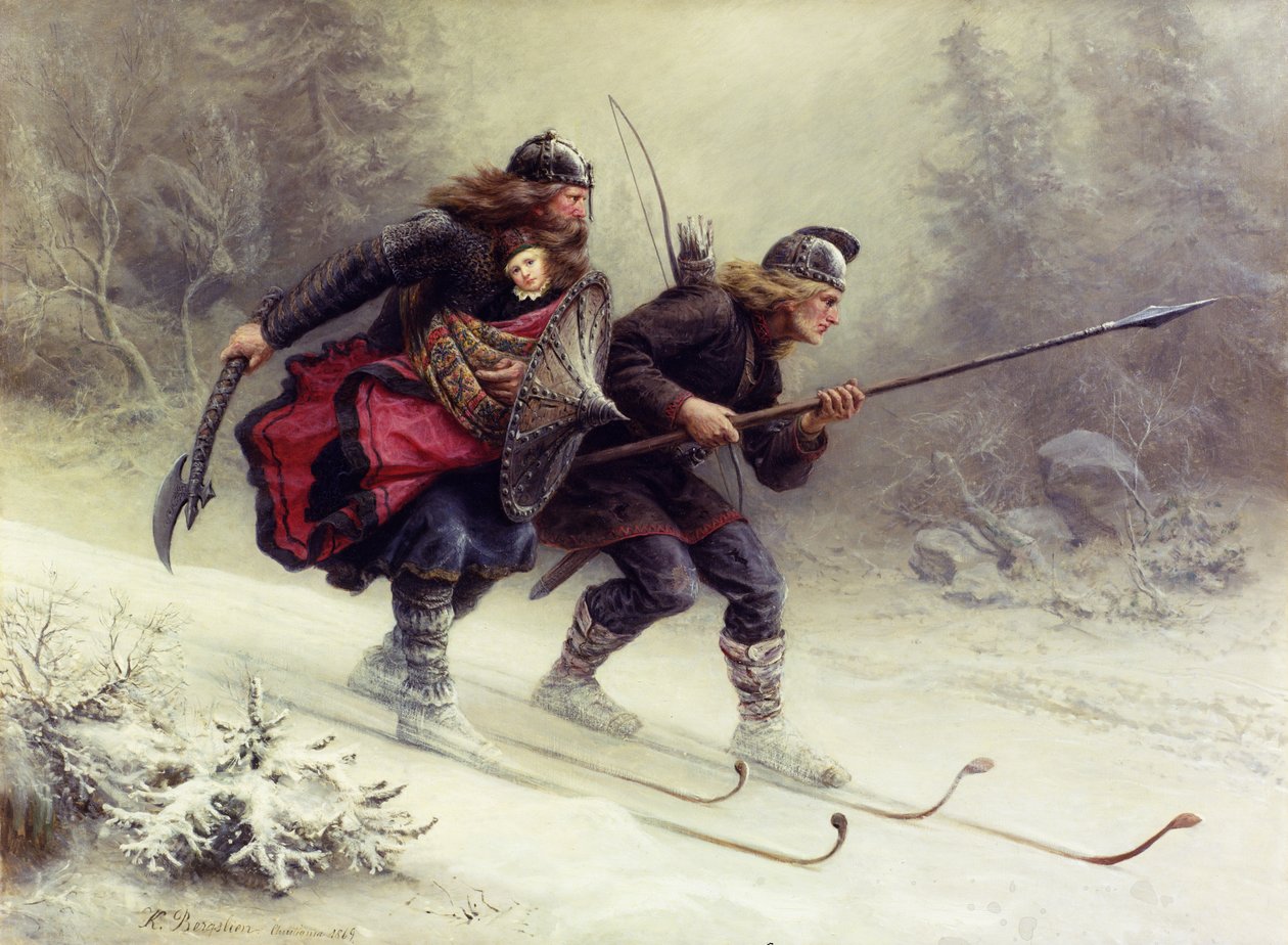 Vojáci norského krále Sverre, Torstein Skevla a Skjervald Skrukka nesoucí králova syna Hakona Hakonssona od Knud Bergslien