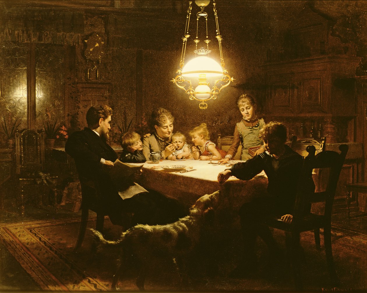 Rodinná večeře ve světle lampy, 19. století od Knut Ekvall