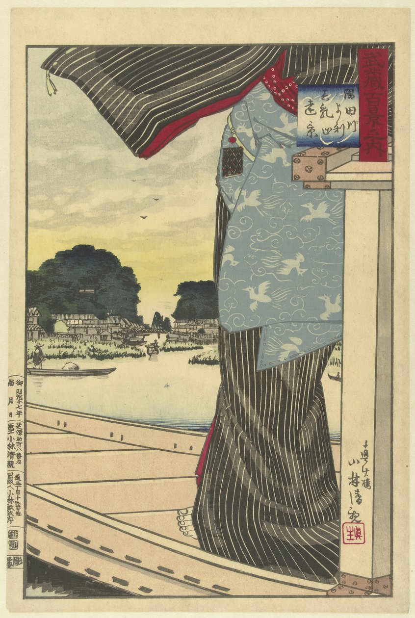 Pohled na Matsuchiyama z řeky Sumida Sumidagawa yori Matsuchiyama no enkei (titul na objektu) Sto pohledů na provincii Musashi (název série) Musashi hyakkei no uchi (název série na objektu) od Kobayashi Kiyochika
