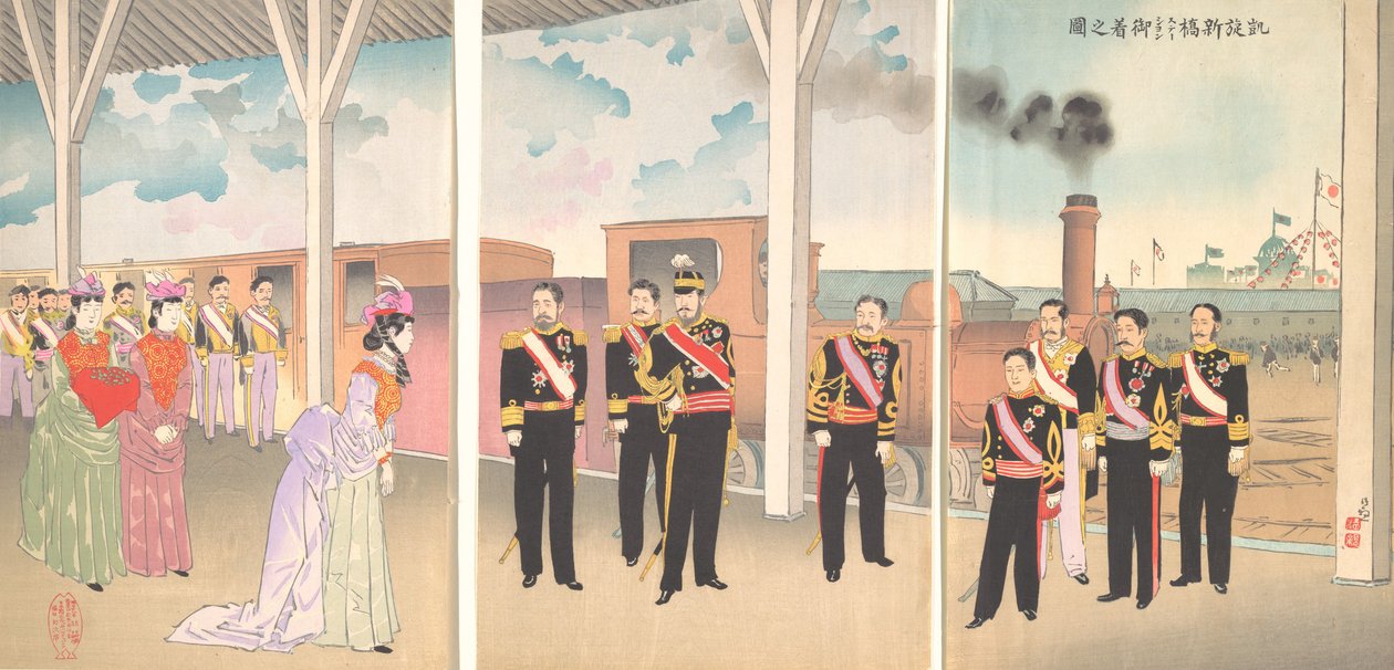 Ilustrace příjezdu císaře na stanici Shinbashi po vítězství vítězství..., 1895. od Kobayashi Kiyochika