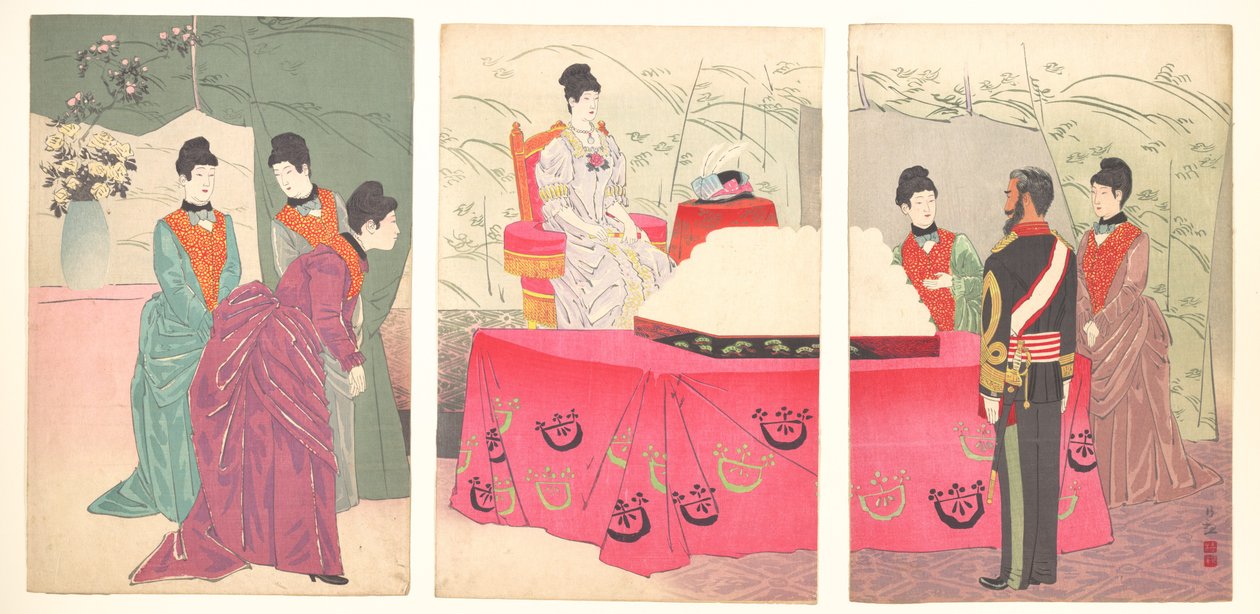 Ilustrace návštěvy císařovny v hlavním stanu generálního štábu [aby předala podnos s obvazy] (Sanbō honbu gyōkei no zu) od Kobayashi Kiyochika