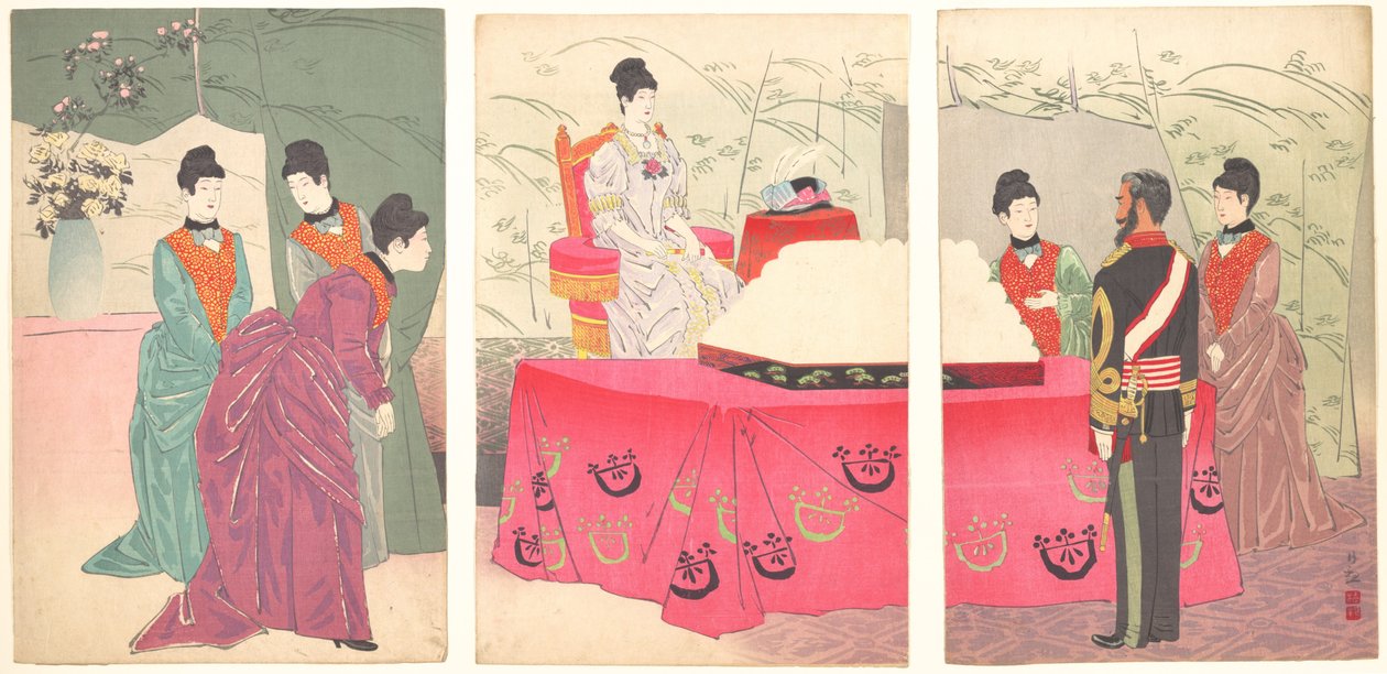 Ilustrace císařovny na návštěvě velitelství generálního štábu [předložit podnos s ..., 1895. od Kobayashi Kiyochika