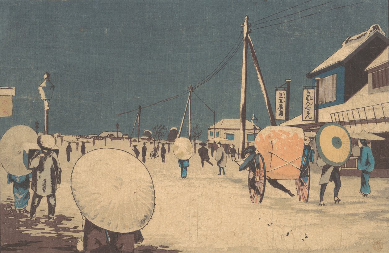 Pouliční scéna na předměstí Edo jednoho zimního večera, ca. 1878. od Kobayashi Kiyochika