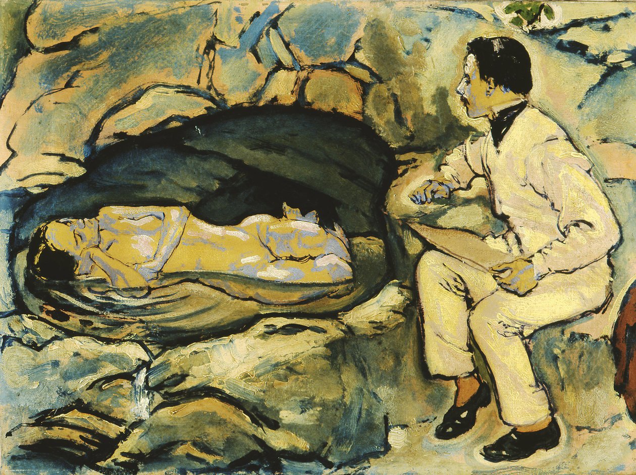 Autoportrét, kresba s mořskou pannou ve skalní jeskyni, 1914. od Koloman Moser