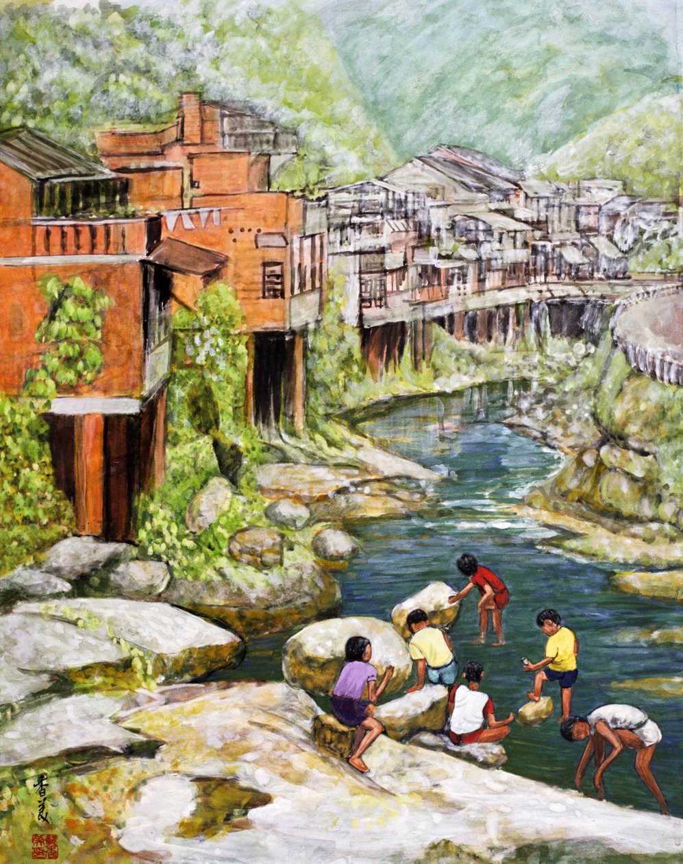 Village by the River, 1992 (kvaš na hedvábí) od Komi Chen