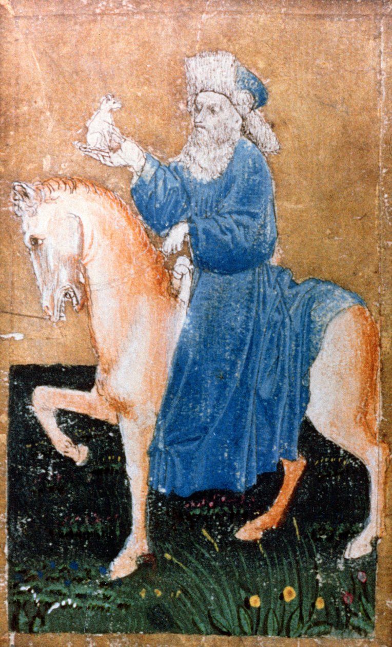 Muž na koni držící malého psa, jednu ze sady hracích karet zobrazujících scény dvorského jestřábnictví, oblast Horního Porýní, c.1440-45 (pero a inkoust, wc) (viz také 87698, 88300-01 a 88303-04) od Konrad Witz