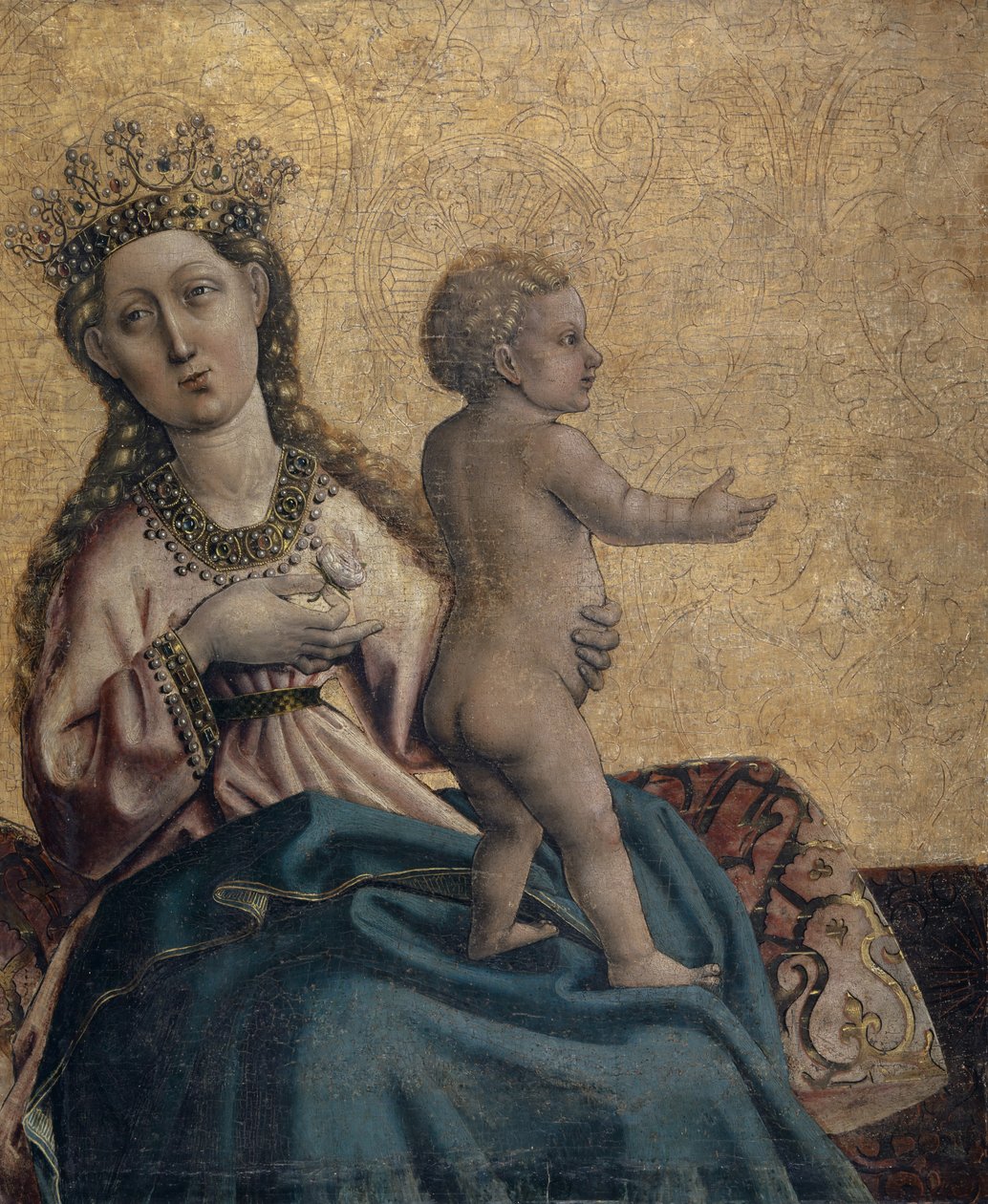 Panna s dítětem, fragment oltáře z Olsbergu, tzv. Madona z Olsbergu, asi 1437-40 (kombinovaná technika na dřevě) od Konrad Witz