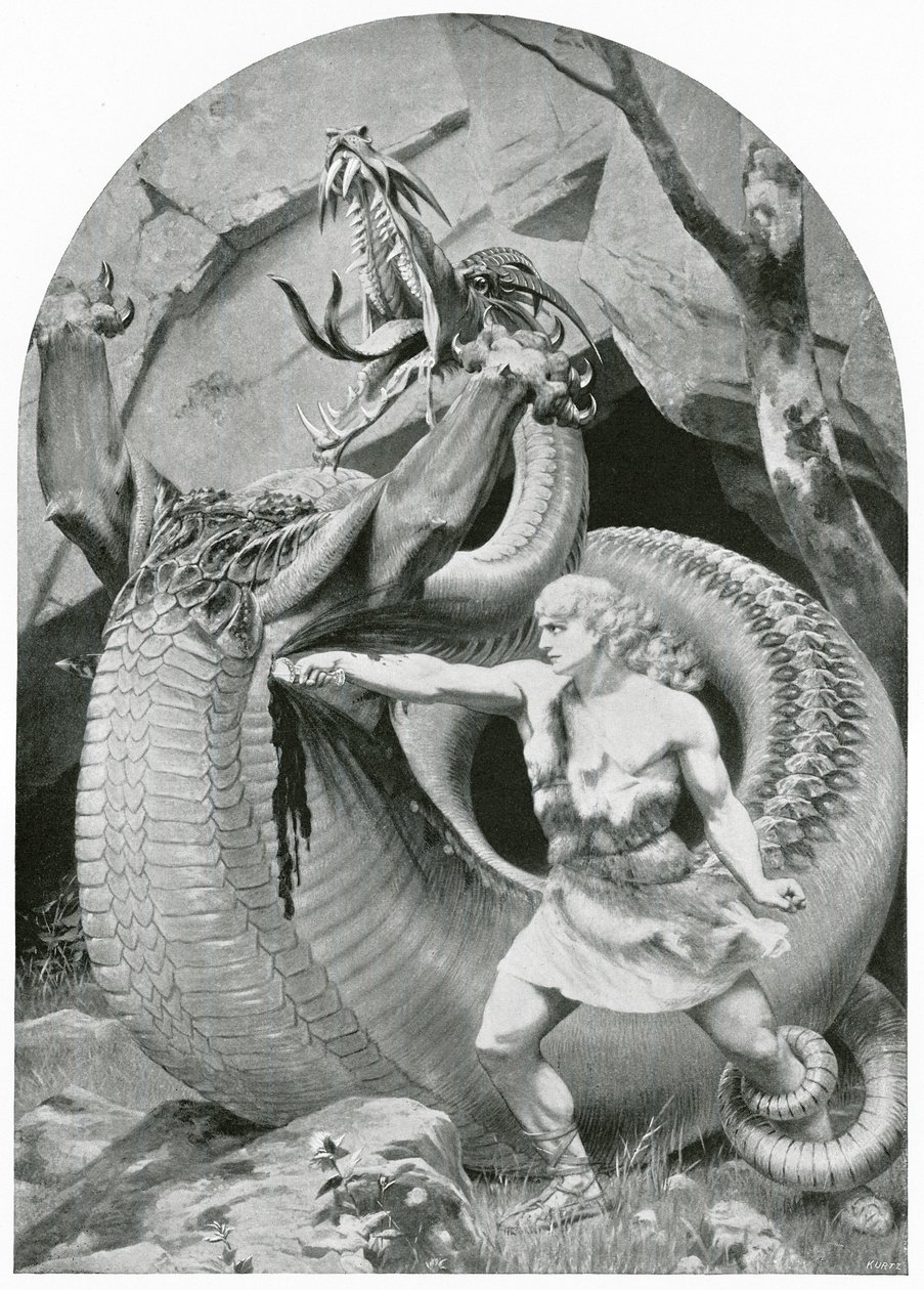 Siegfried zabíjí draka (litografie) od Konrad Dielitz