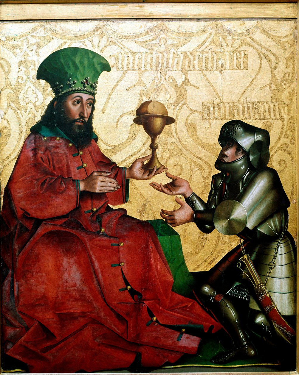 Abraham a Melchisedech Král Salemu Melchisedech (Melchisedech nebo Melchisedech nebo Melkisedeq nebo Melki-Tsedeq nebo Melki Tsedeq) nabízí Abrahamovi, vítěznému v boji proti Kedor-Laomerovi (Kedor Laomer), chléb a víno. Obraz od Konrada (Conrada) Witze ( od Konrad Witz