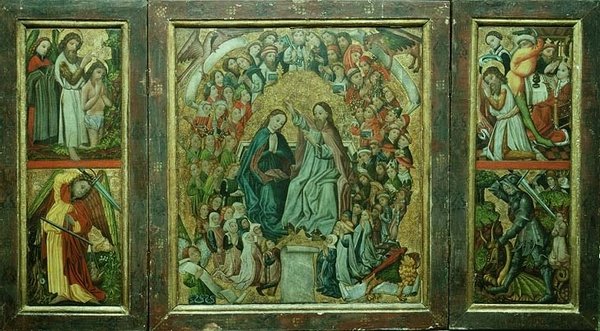 Korunovace Panny Marie; Křest Kristův; Smrt sv. Jana Křtitele; St. George Sying the Dragon (triptych) od Konrad von Friesach