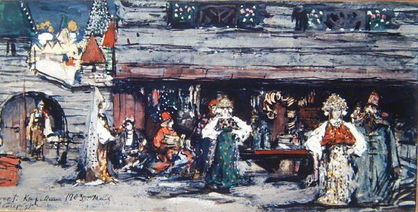 Scénický design pro Zlatou rybku od Minkuse, 1903 (uhlí, tempera a zlato na kartonu) od Konstantin Alekseevich Korovin
