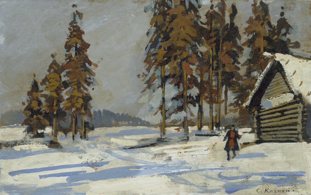 Zimní krajina (olej a barva karoserie na palubě, nalepeno jako kresba) od Konstantin Alekseevich Korovin
