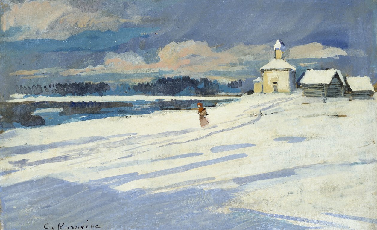 Zimní krajina s malým kostelem (olej na desce, nalepeno jako kresba) od Konstantin Alekseevich Korovin