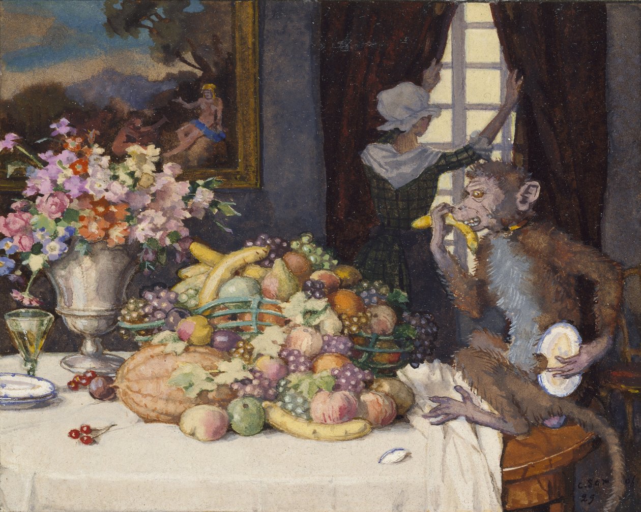 Greedy Monkey, 1929 (barva těla uvnitř ohraničeného okraje černým inkoustem na krémovém papíře) od Konstantin Andreevic Somov